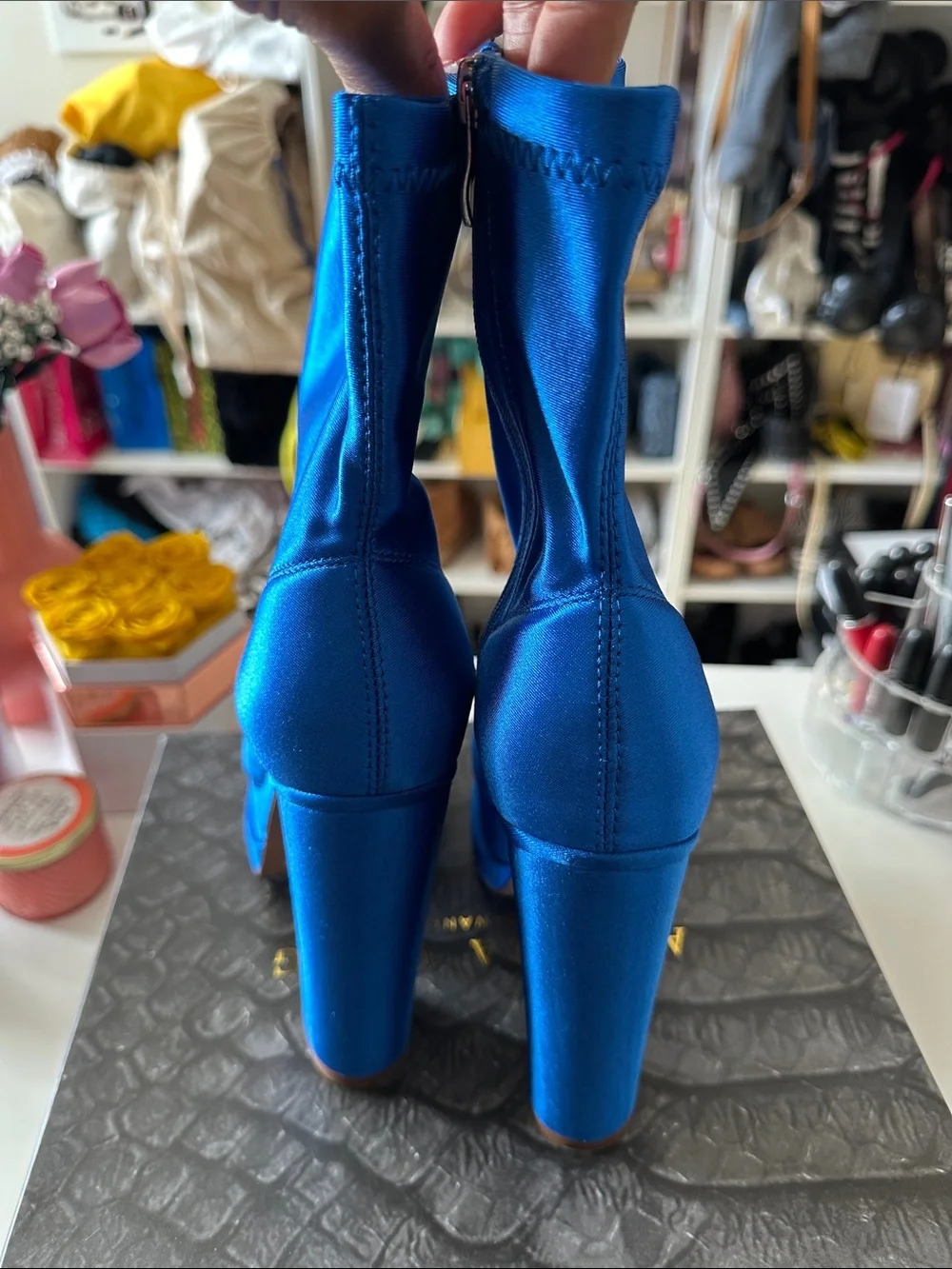Electric Blue Satin Platform Ankle Boots